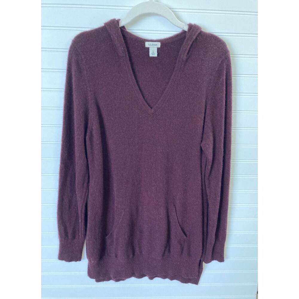 LLBean 100% Cashmere Hoodie Sweater LARGE Purple Wine Long Sleeve Pullover Vneck